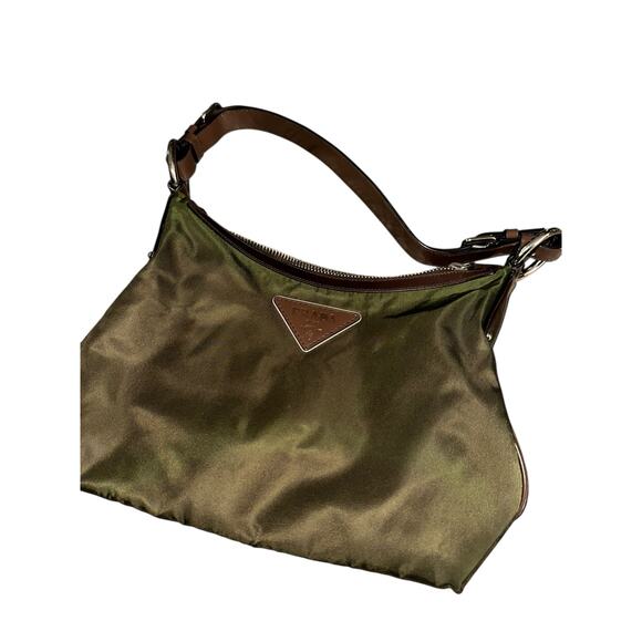 Prada Women khaki Green Brown Leather Trim silver Nylon Hobo Shoulder Bag purse - Picture 12 of 16